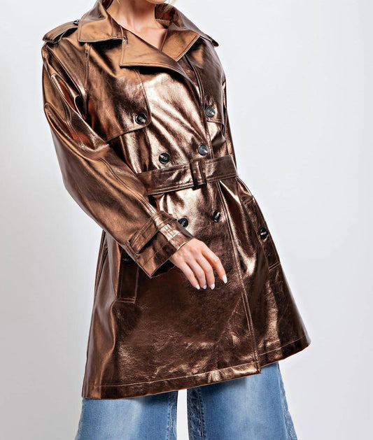 Easel - Metallic Faux Leather Trench Coat