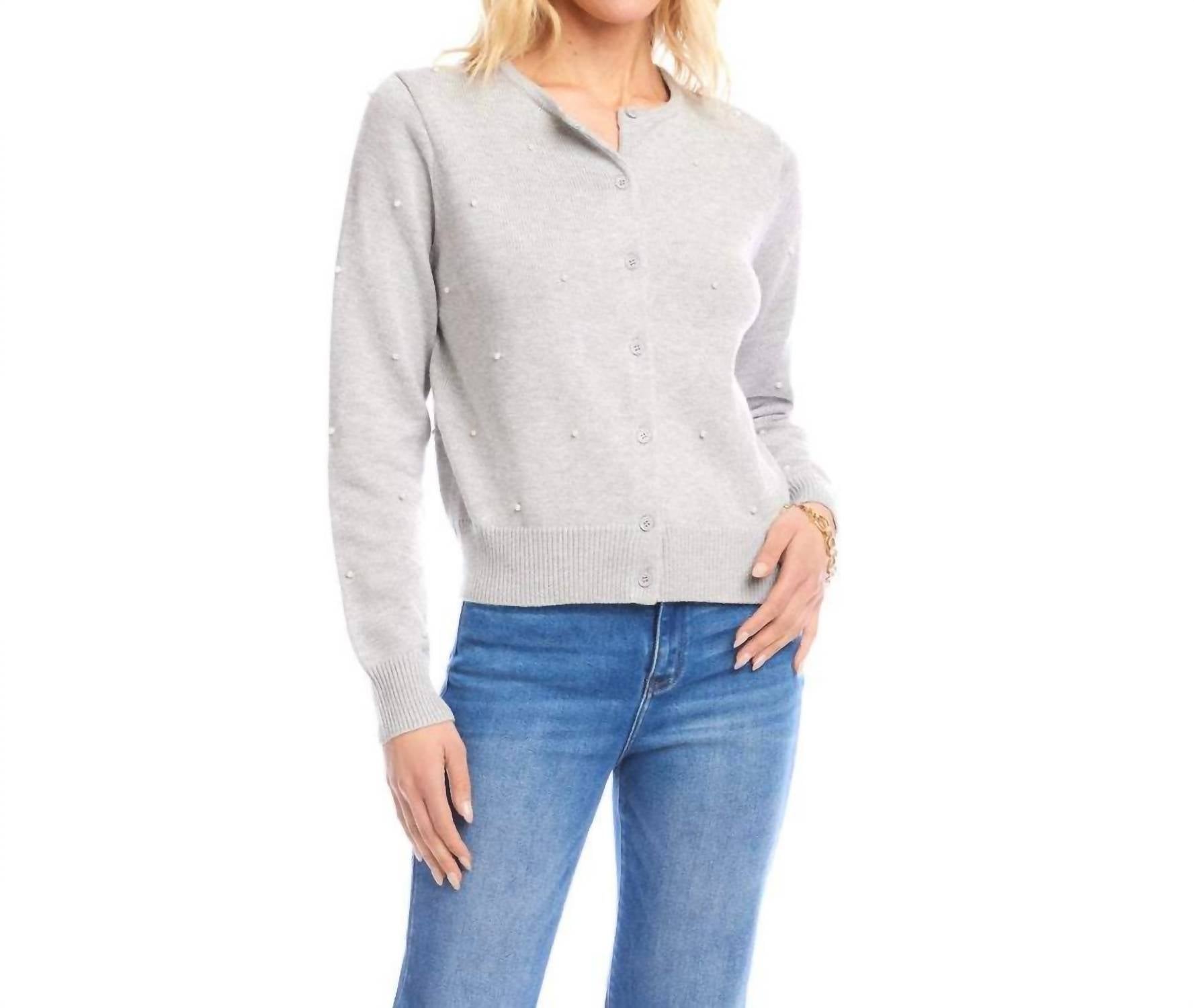 Karen Kane Pearl Cardigan Sweater in gray - women's cardigan - detail view