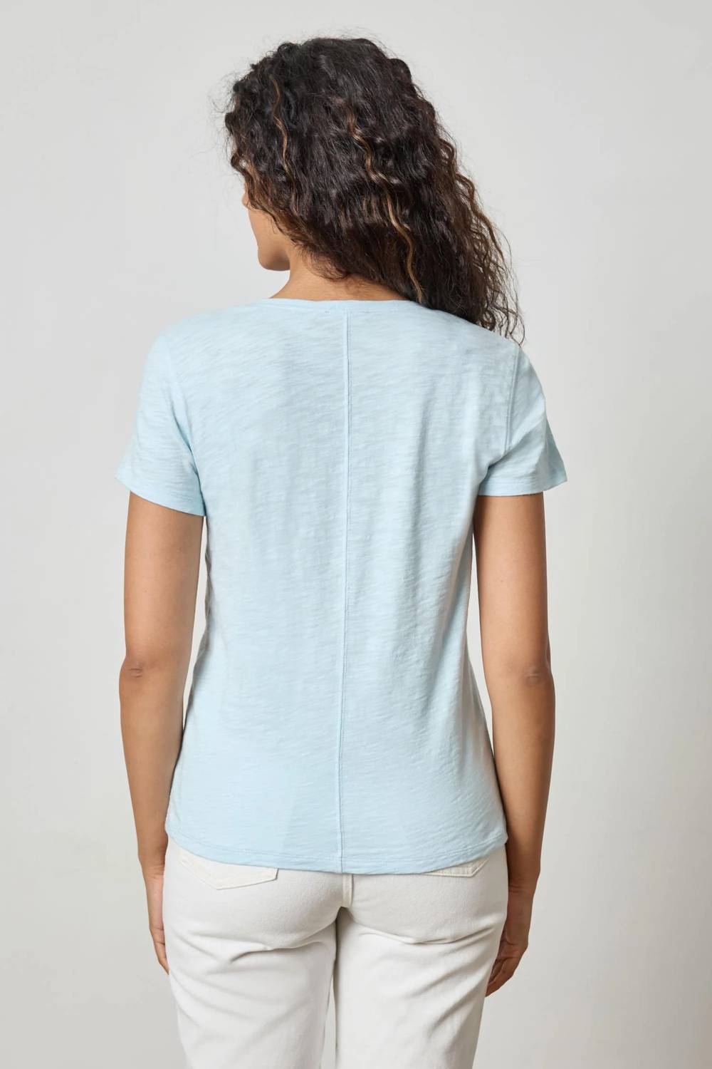 Lilla P Short Sleeve Back Seam V-neck Top in spa - women's t-shirt - detail view