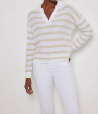 LISA TODD Women's Stripescape Polo Collar Cotton Sweater in white almond - men's sweater - alternate view