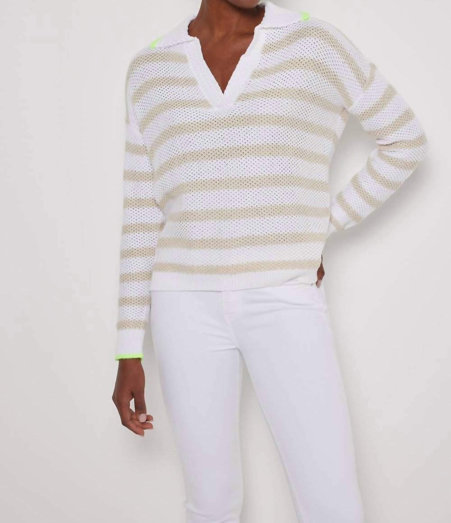LISA TODD Women's Stripescape Polo Collar Cotton Sweater in white almond - men's sweater - alternate view