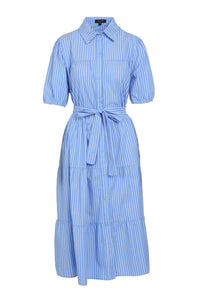 BEULAHSTYLE Women's Stripe Pattern Tiered Hem Belted Maxi Dress in blue - women's dress