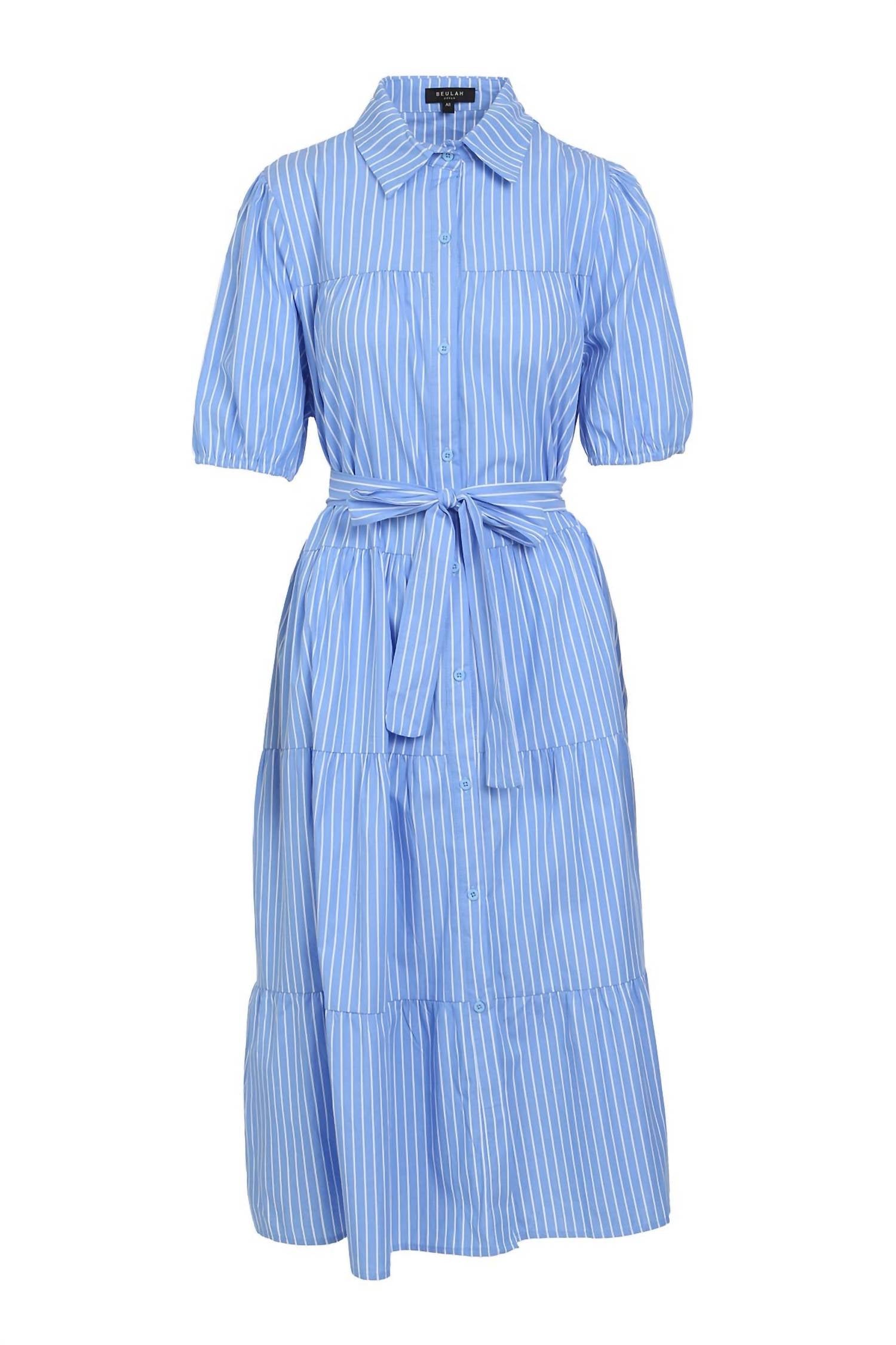 BEULAHSTYLE Women's Stripe Pattern Tiered Hem Belted Maxi Dress in blue - women's dress