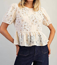 Ee:Some - Floral Lace Puff Sleeve Blouse