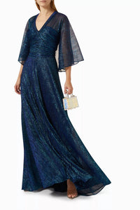 Talbot Runhof - Hottie Metallic Voile 3/4 Sleeve V Neck Gown