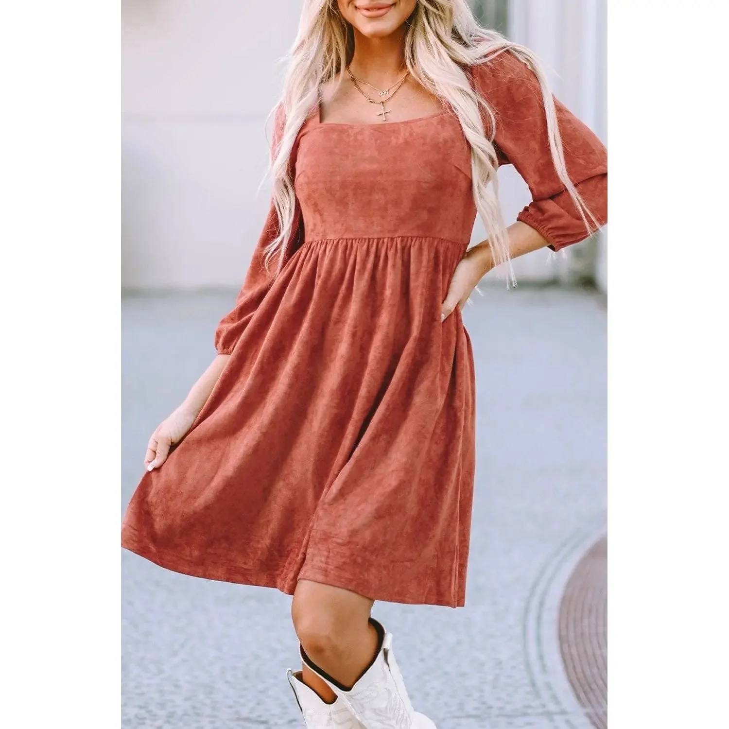 Dear Lover - Suede Square Neck Puff Sleeve Dress