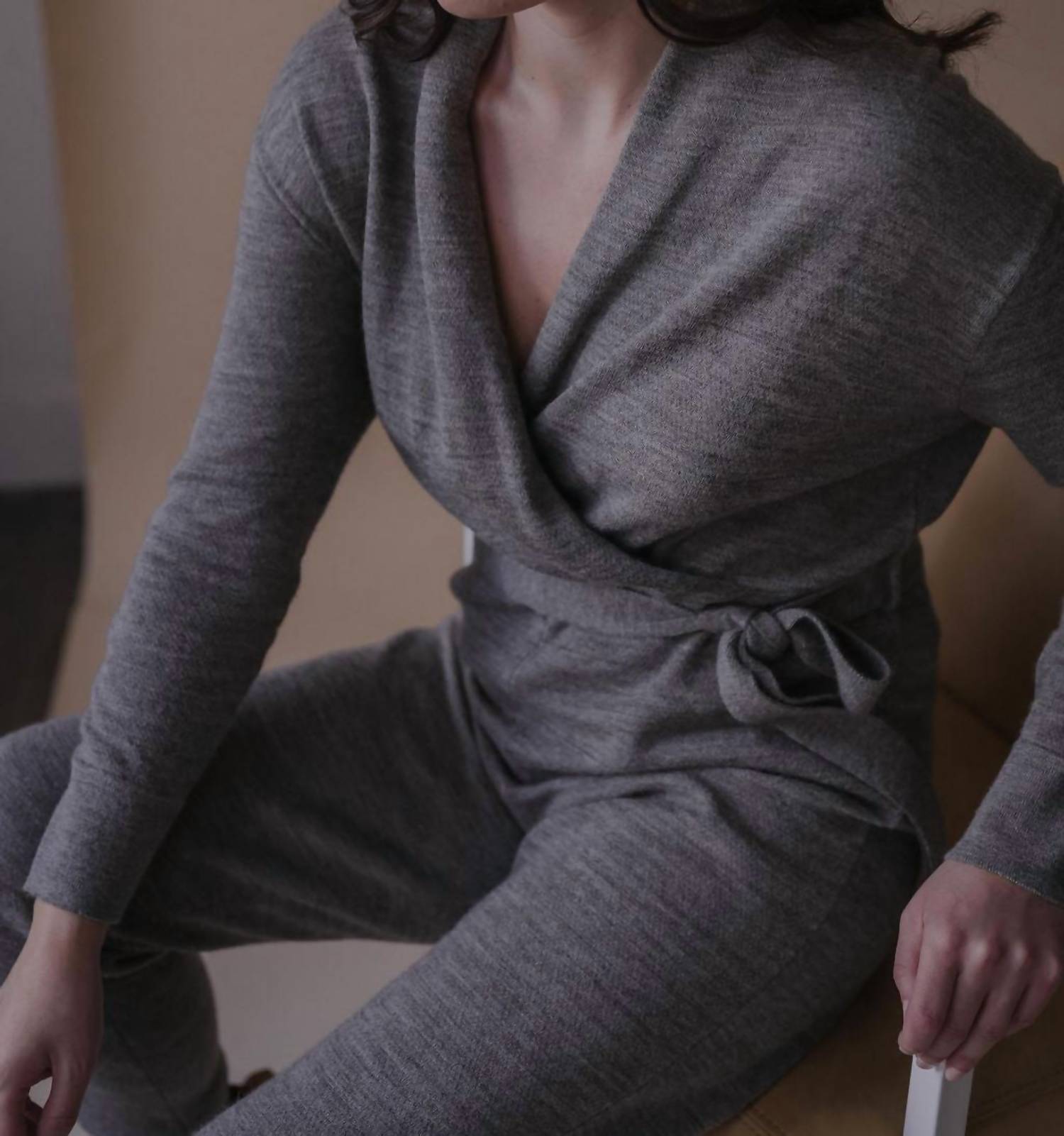 SSKEIN Wrap Neck Jumpsuit in grey heather - women's pants - alternate view