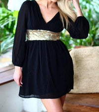 Red Clover - Long Sleeve Sequin Waist Dress