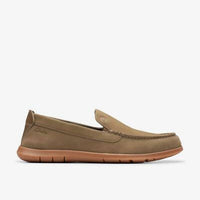 Clarks Men's Flexway Step Shoe in olive suede - men's loafer - detail view