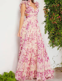 Jovani - Print Pleated Bodice Maxi Gown