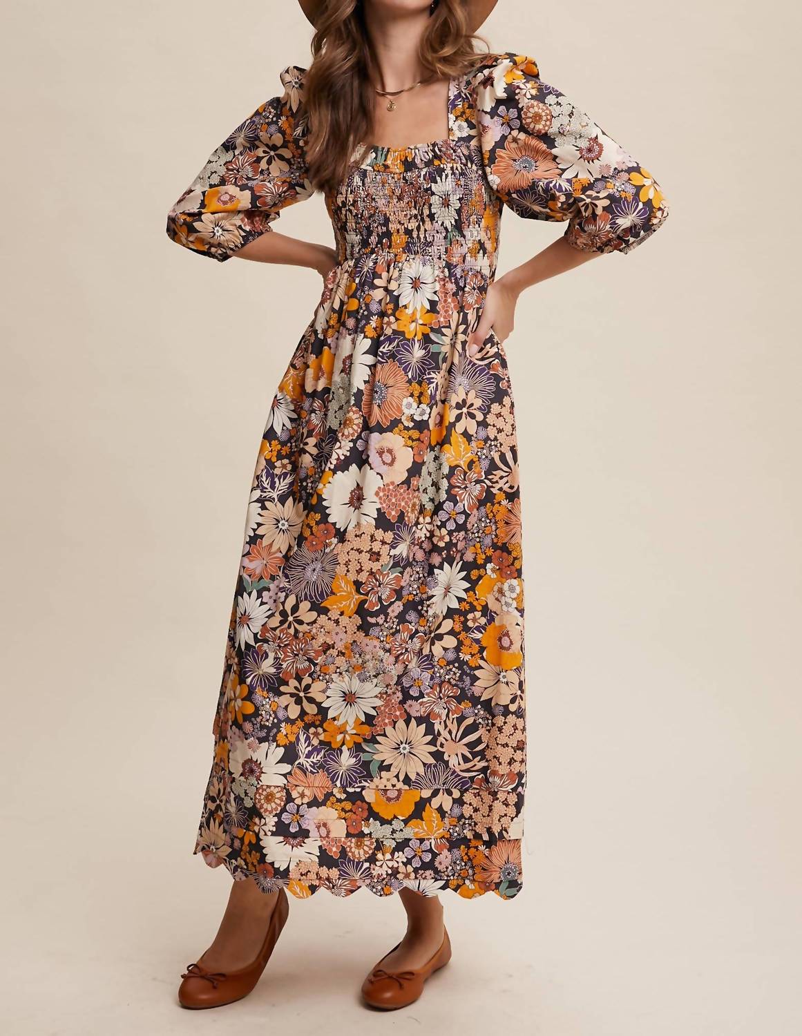 Listicle - Floral Smocked Puff Sleeve Maxi Dress