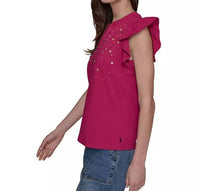 KARL LAGERFELD Studded Ruffle Knit Top in cerise - women's blouse - detail view