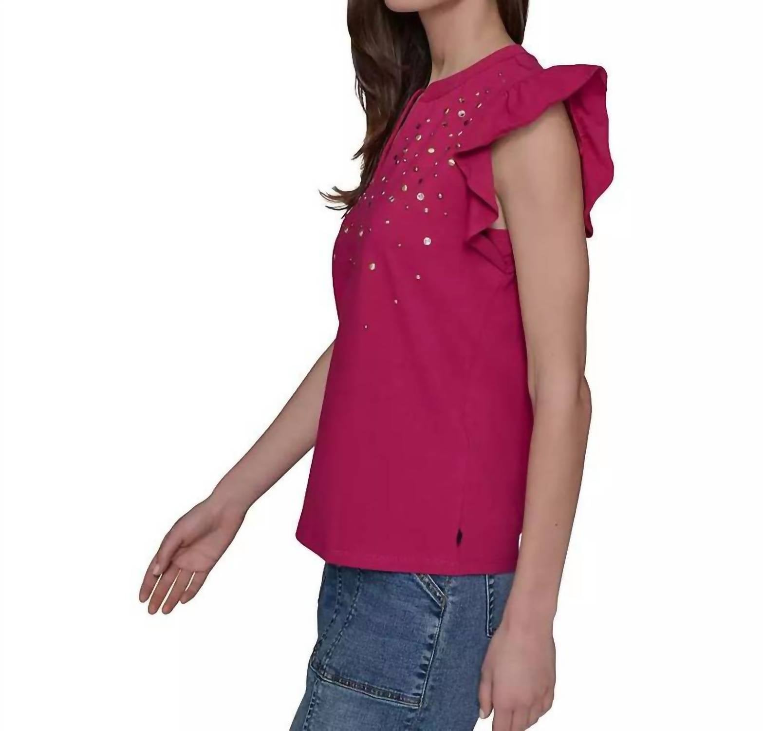 KARL LAGERFELD Studded Ruffle Knit Top in cerise - women's blouse - detail view