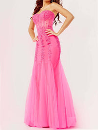 JOVANI Embellished Corset Bodice Prom Dress in hot pink - women's dress - detail view