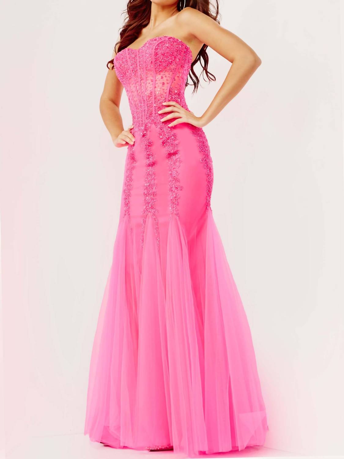JOVANI Embellished Corset Bodice Prom Dress in hot pink - women's dress - detail view