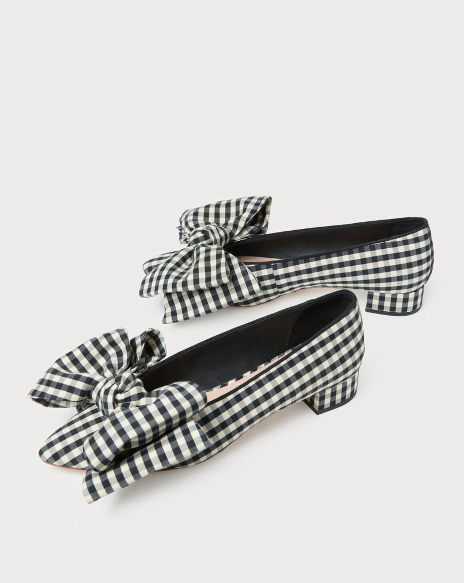 Loeffler Randall Women's Noa Bow Shoes in black white gingham - women's flats - detail view