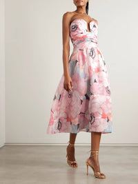 Rebecca Vallance - Strapless Gathered Floral-print Silk-organza Midi Dress