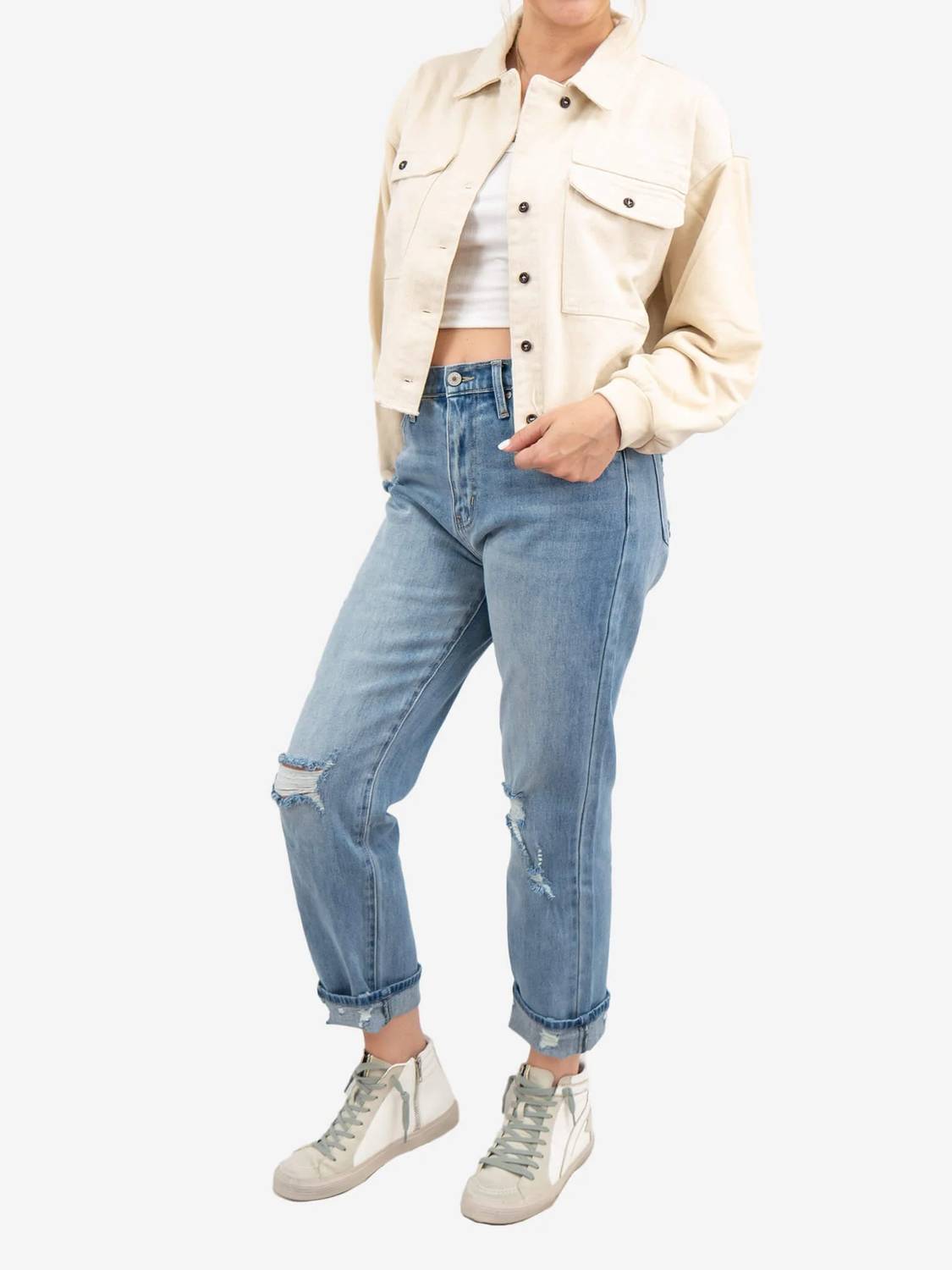Fore Collection - Denim Look Cropped Jacket