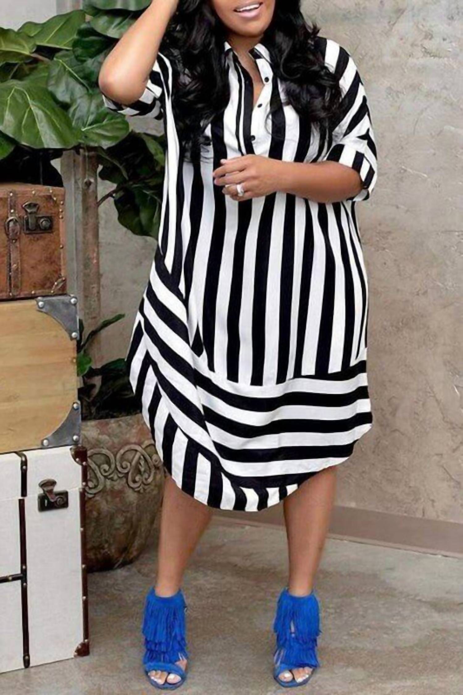 Fashion Nova - Zelda Striped Shirt Midi Dress