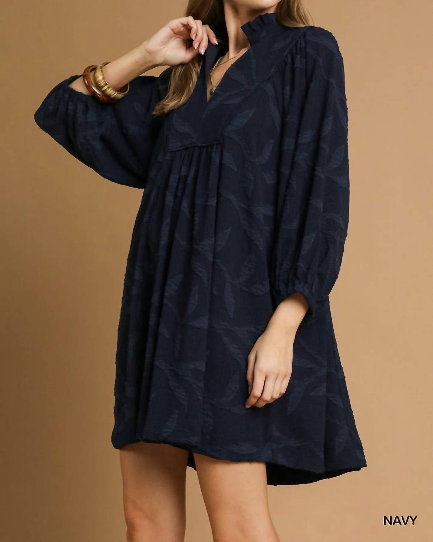 Umgee - Jacquard High Ruffle Neck Dress
