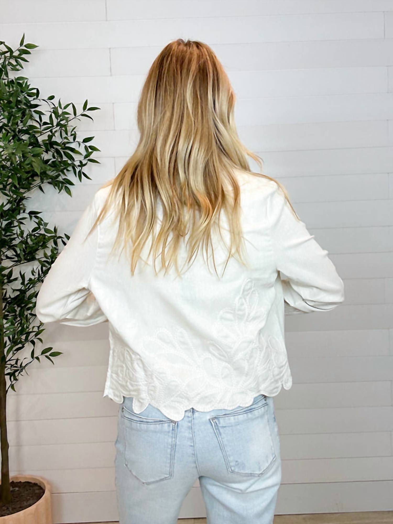 CHARLIE B Embroidered Hem Linen Jacket in natural - women's jacket - alternate view