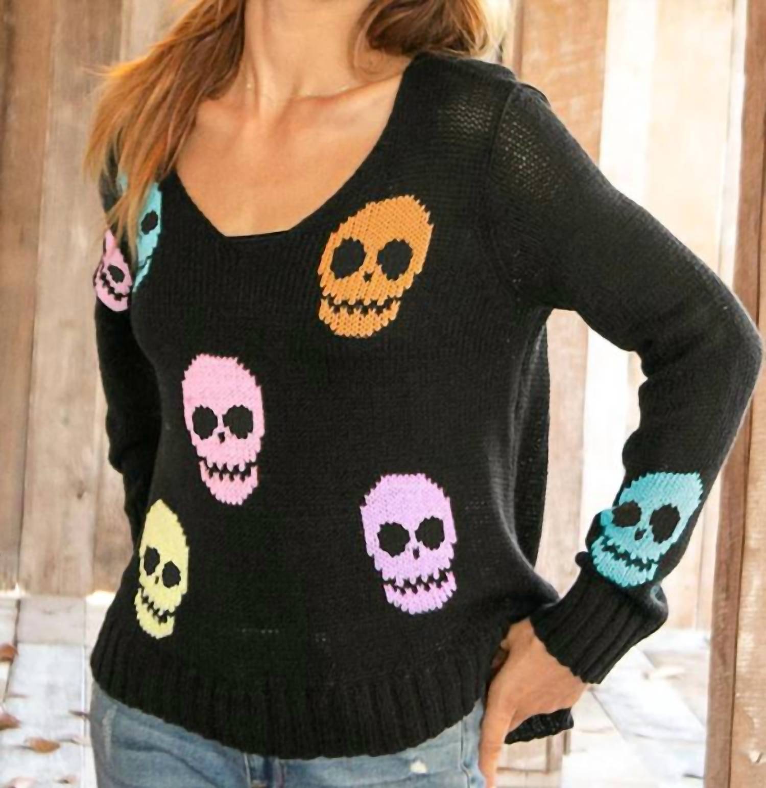 Wooden Ships Skull Long Sleeve Sweater in black multi - women's cardigan - detail view