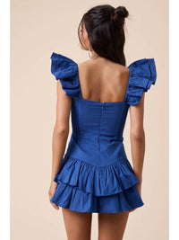 Sky to Moon Deep Solid Wing Strap Layered Mini Dress in lapis blue - women's dress - detail view
