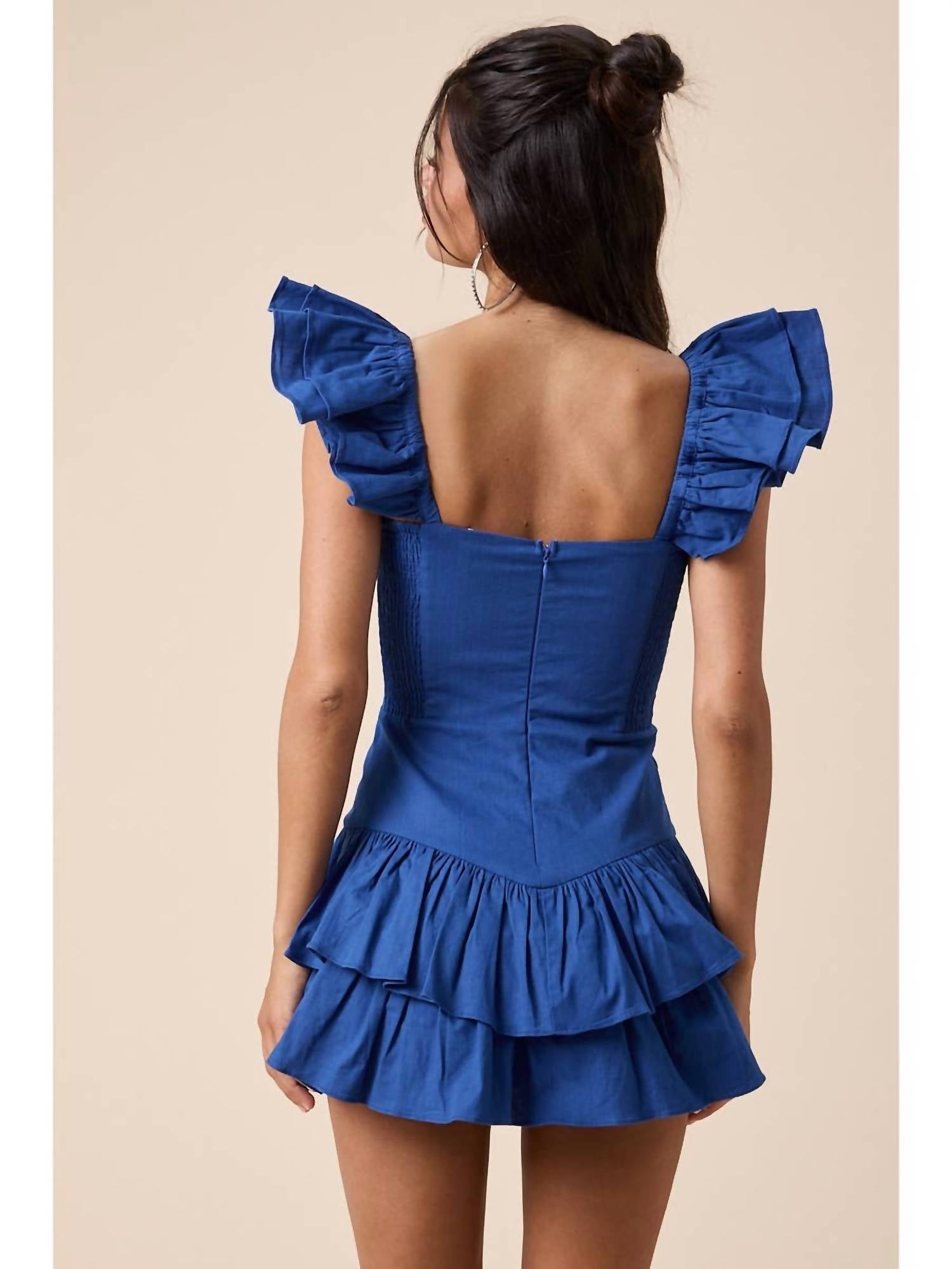 Sky to Moon Deep Solid Wing Strap Layered Mini Dress in lapis blue - women's dress - detail view