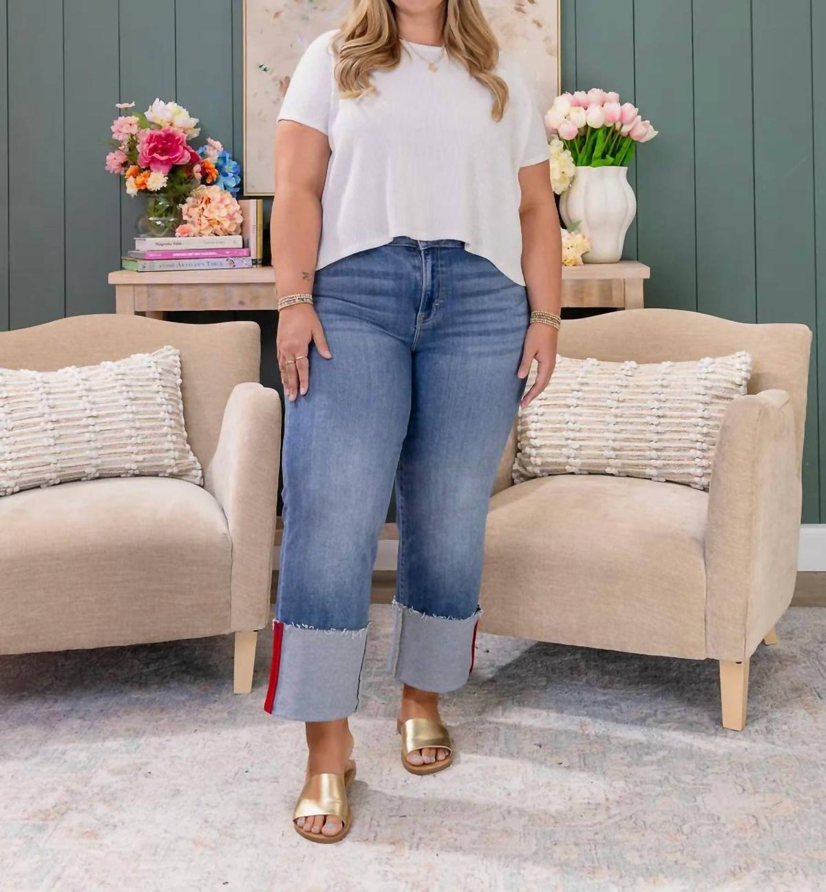 Hidden - Cuffed Tape Cropped Straight Jeans