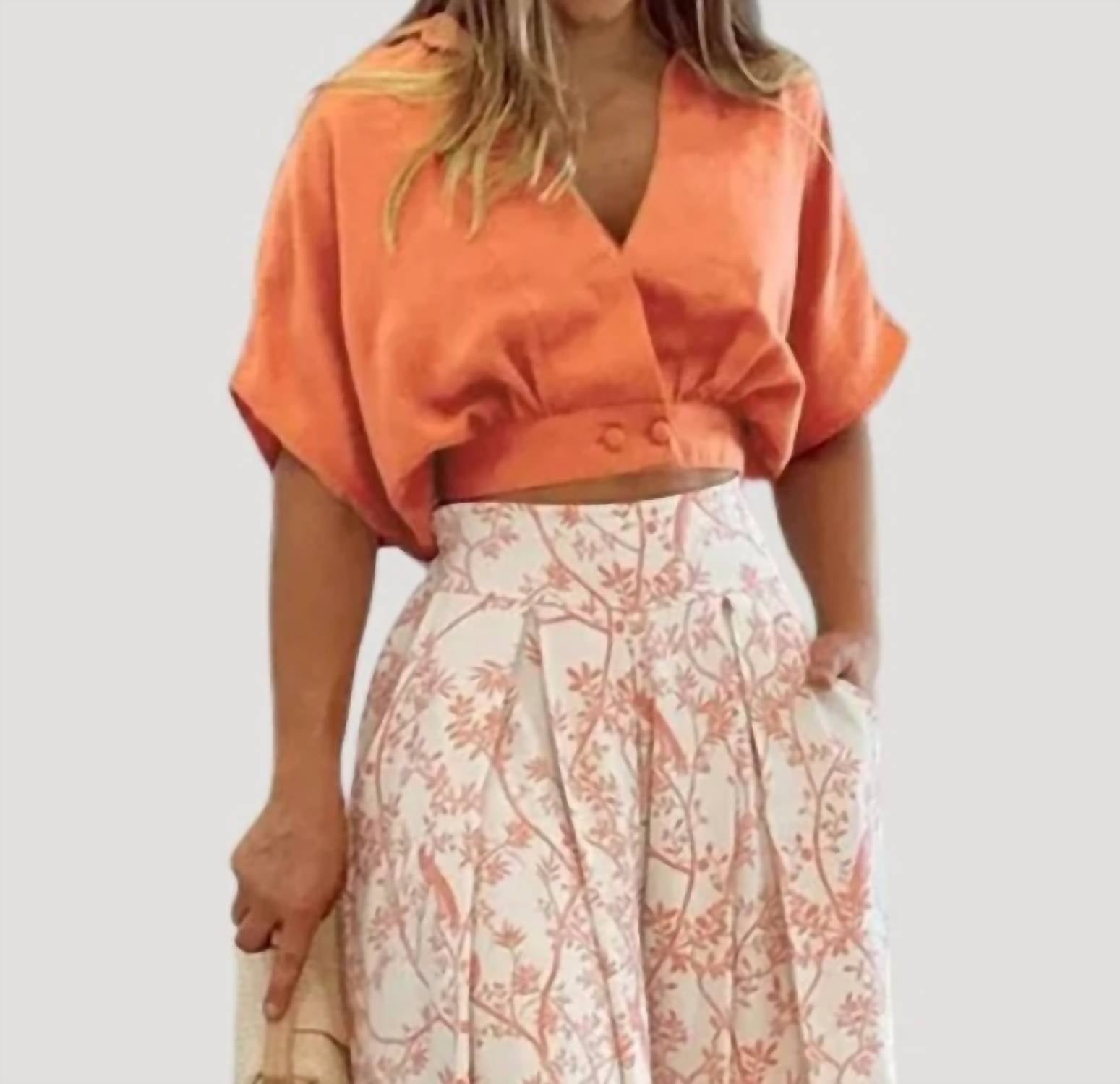 Paperdoll - V-neck Short Shirt And Wide Leg Pants Set