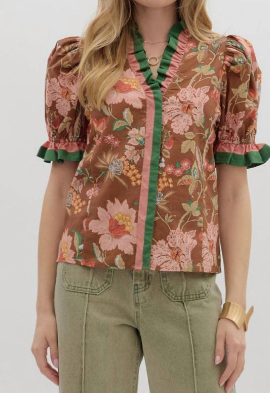 Entro - Floral Print Shoulder Puff Sleeve Top