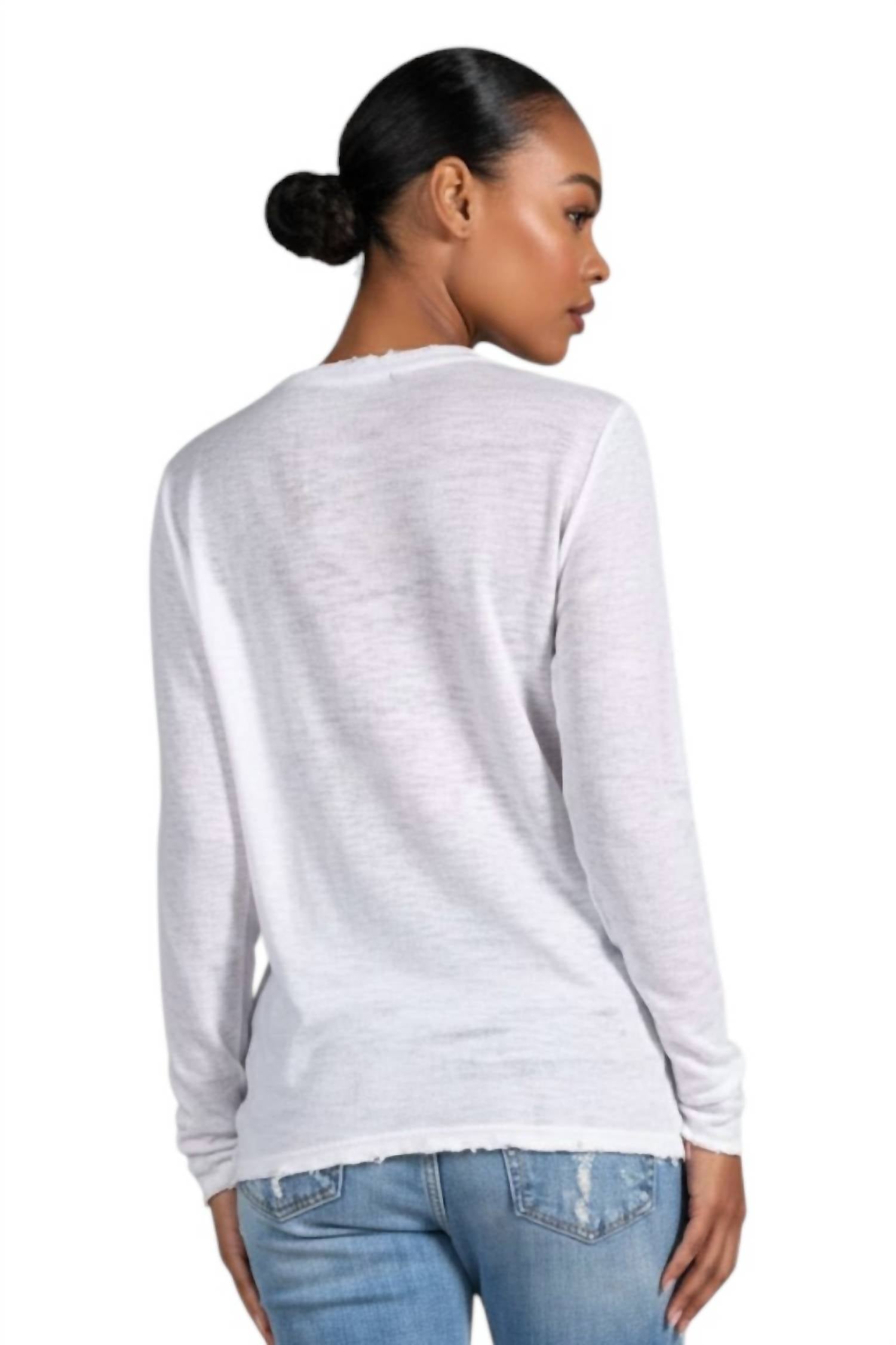 Elan - Long Sleeve Linen Fray Crew Neck Tee