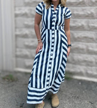 Tcec - Mixed Striped Pattern Button Down Midi Dress
