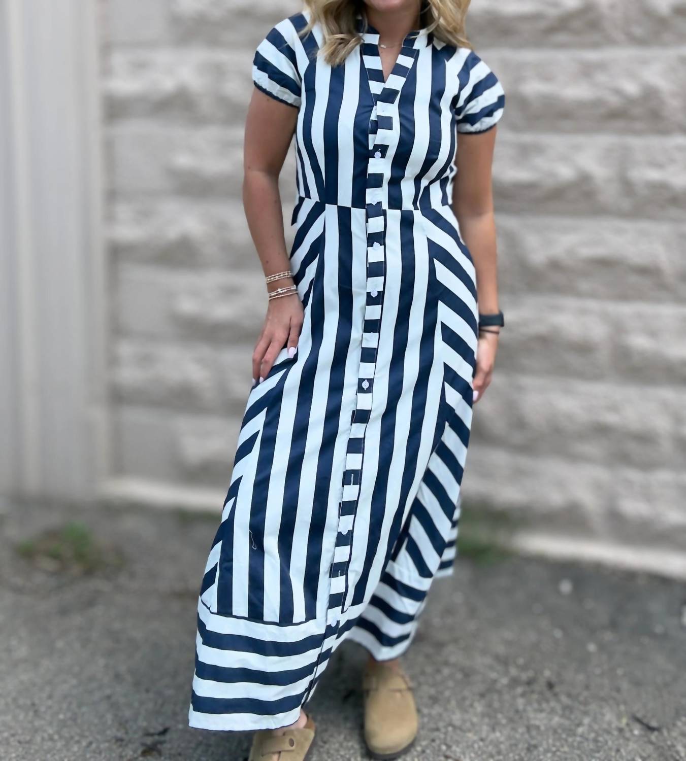 Tcec - Mixed Striped Pattern Button Down Midi Dress