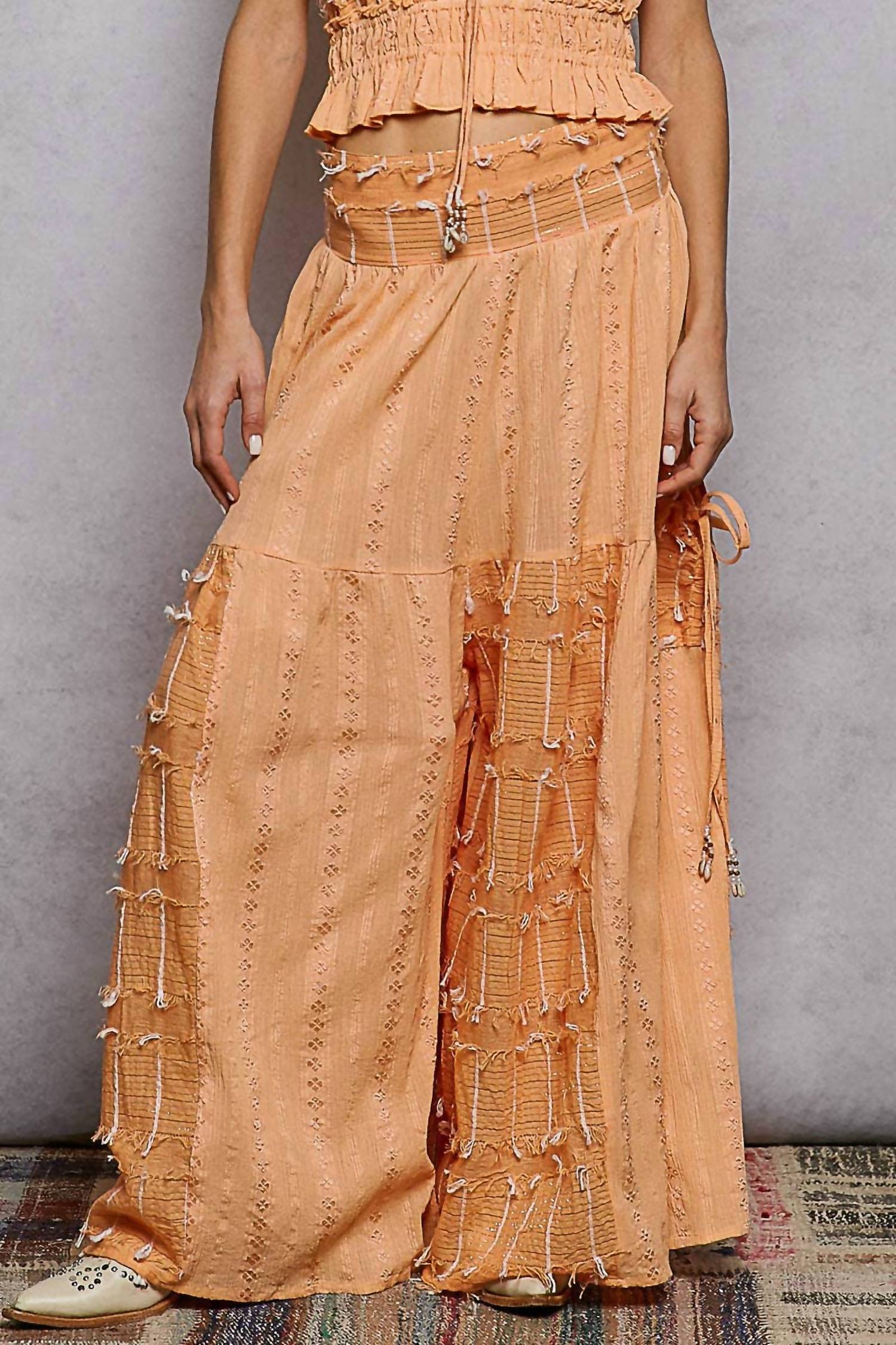 POL Boho Ruffle Contrast Shell Trim Wide Leg Pants in coral - women's pants - view 4