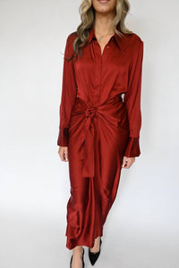 ELAN Long Sleeve Tie Front Satin Dress in rust - women's dress - detail view