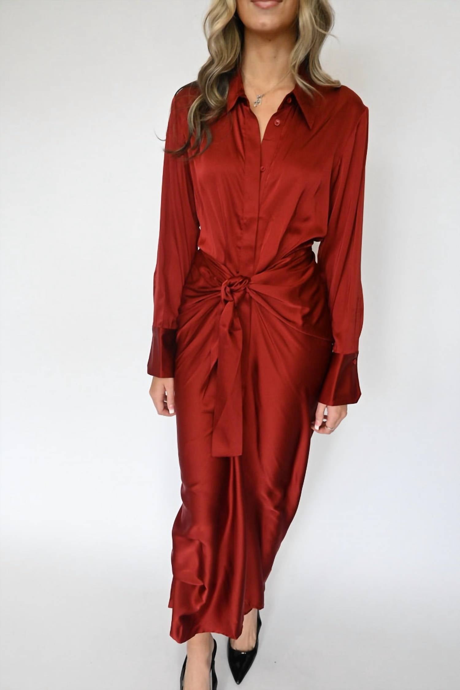 ELAN Long Sleeve Tie Front Satin Dress in rust - women's dress - detail view