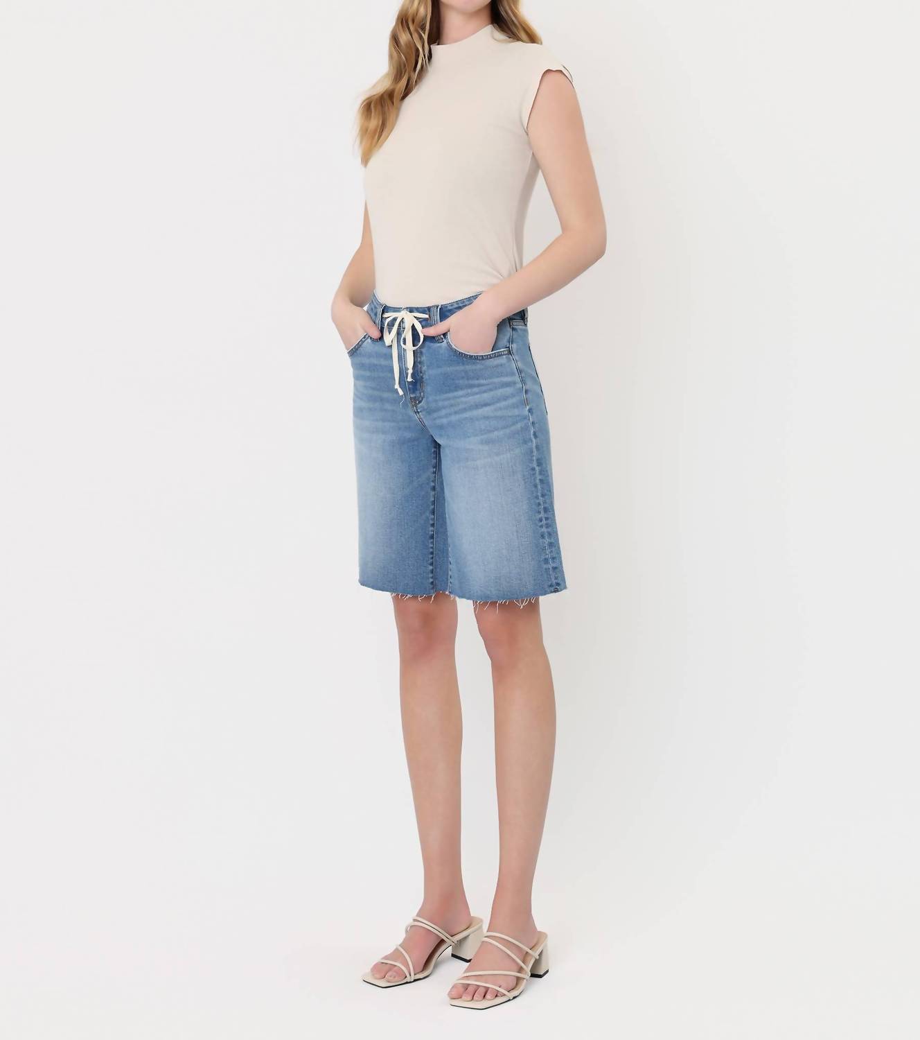 Vervet By Flying Monkey - High Rise Waist Tie Denim Bermuda Shorts