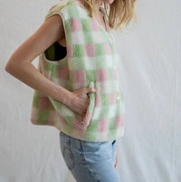 Things Between Multi Color Gingham Vest in mint combo - women's jacket - detail view