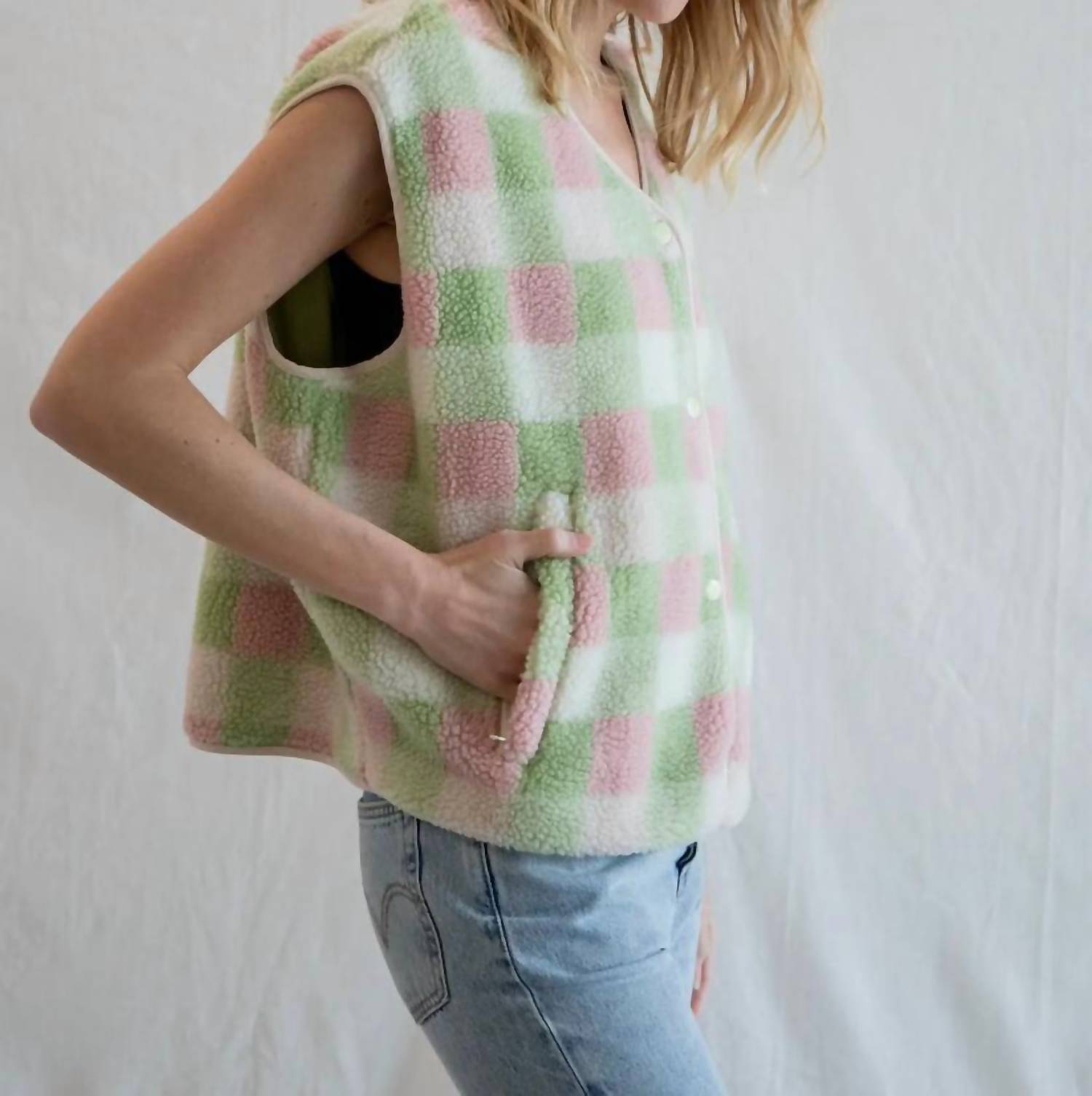 Things Between Multi Color Gingham Vest in mint combo - women's jacket - detail view