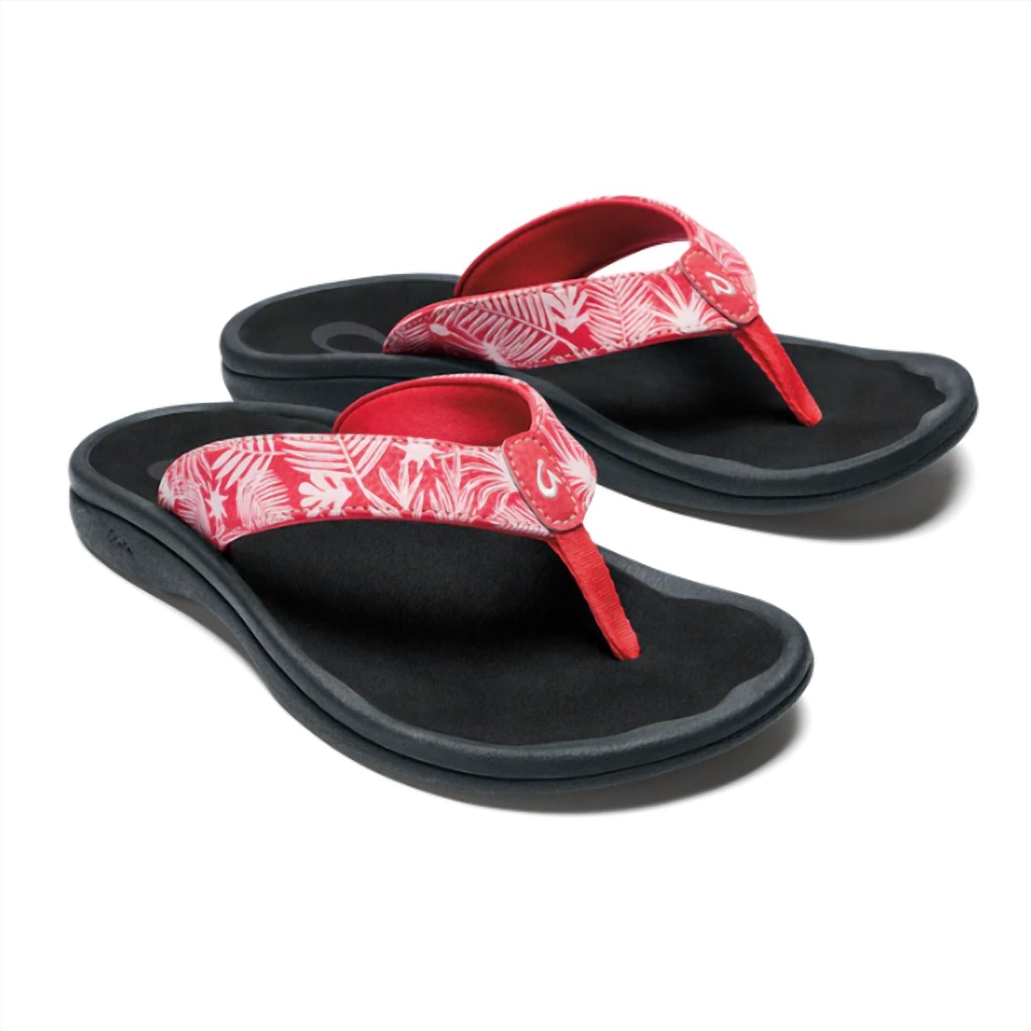 OluKai Women's Ohana Slippers in lehua flower onyx - women's shoe - detail view