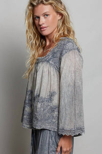 Pol - Vintage Washed Floral Lace Trim Top