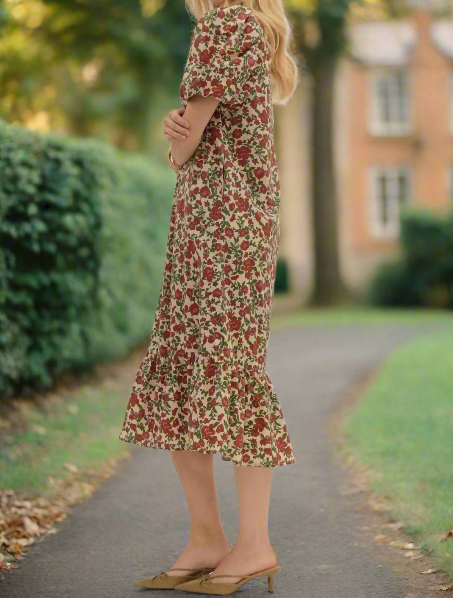 entro Fall Garden Floral Puff Sleeve Midi Dress in ecru - women's dress - view 4