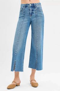 Trendsi - Tummy Control Mid Rise Crop Wide Front Slit Jeans