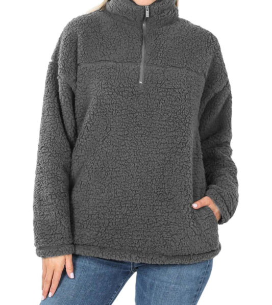 Zenana - Soft Sherpa Half Zip Pullover With Pockets