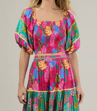 SUGARLIPS Marina Tropical Smocked Crop Top in fuchsia - women's shirt