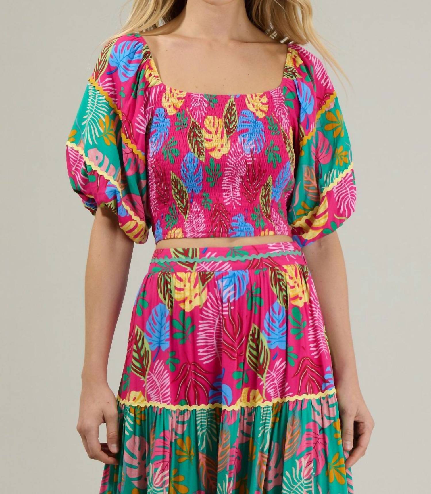 SUGARLIPS Marina Tropical Smocked Crop Top in fuchsia - women's shirt