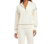 Karen Kane Half-Zip Contrast Stitch Pullover Top in cream - women's top - detail view