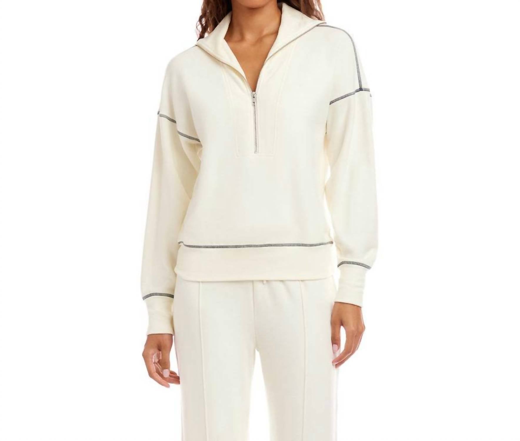 Karen Kane Half-Zip Contrast Stitch Pullover Top in cream - women's top - detail view