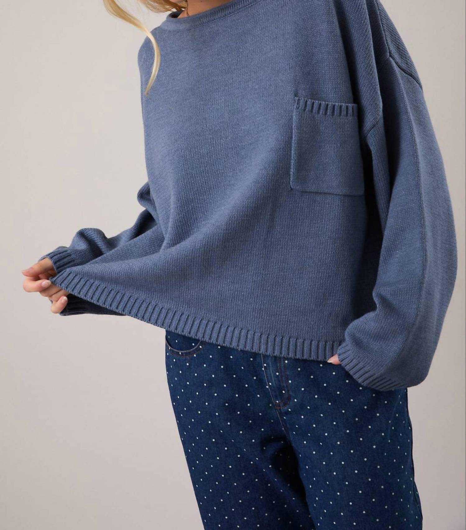 LE LIS Eliza Oversized Wide Neckline Sweater in dusty blue - women's sweater - detail view